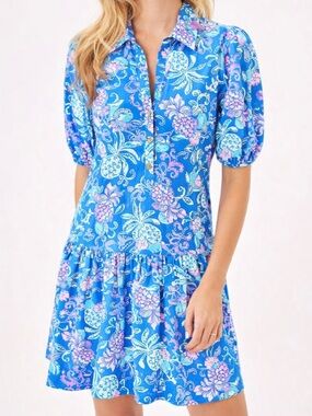 NWT Lilly Pulitzer Bingley Dress Blue Floral Puff Sleeve Resort Vacation Size S